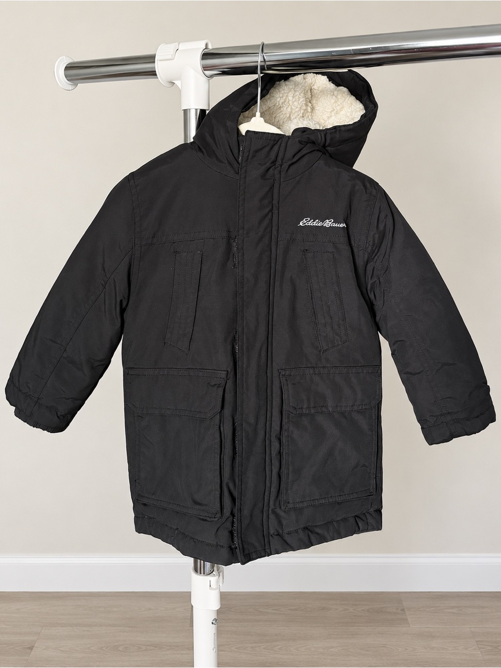 Eddie Bauer Kids Black Hooded Puffer Coat with Sherpa Lining
